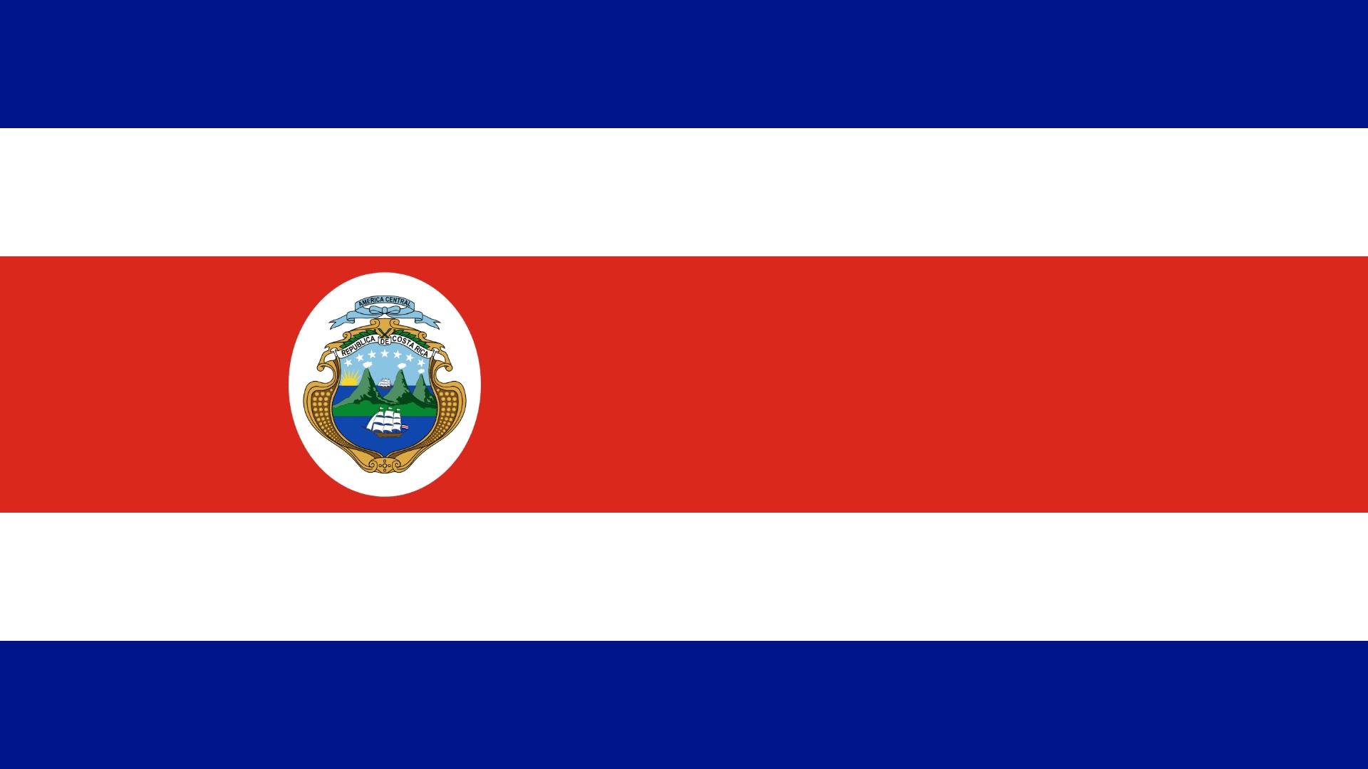 Flag of Costa Rica with horizontal blue, white, and red stripes and a central coat of arms emblem in an oval frame.