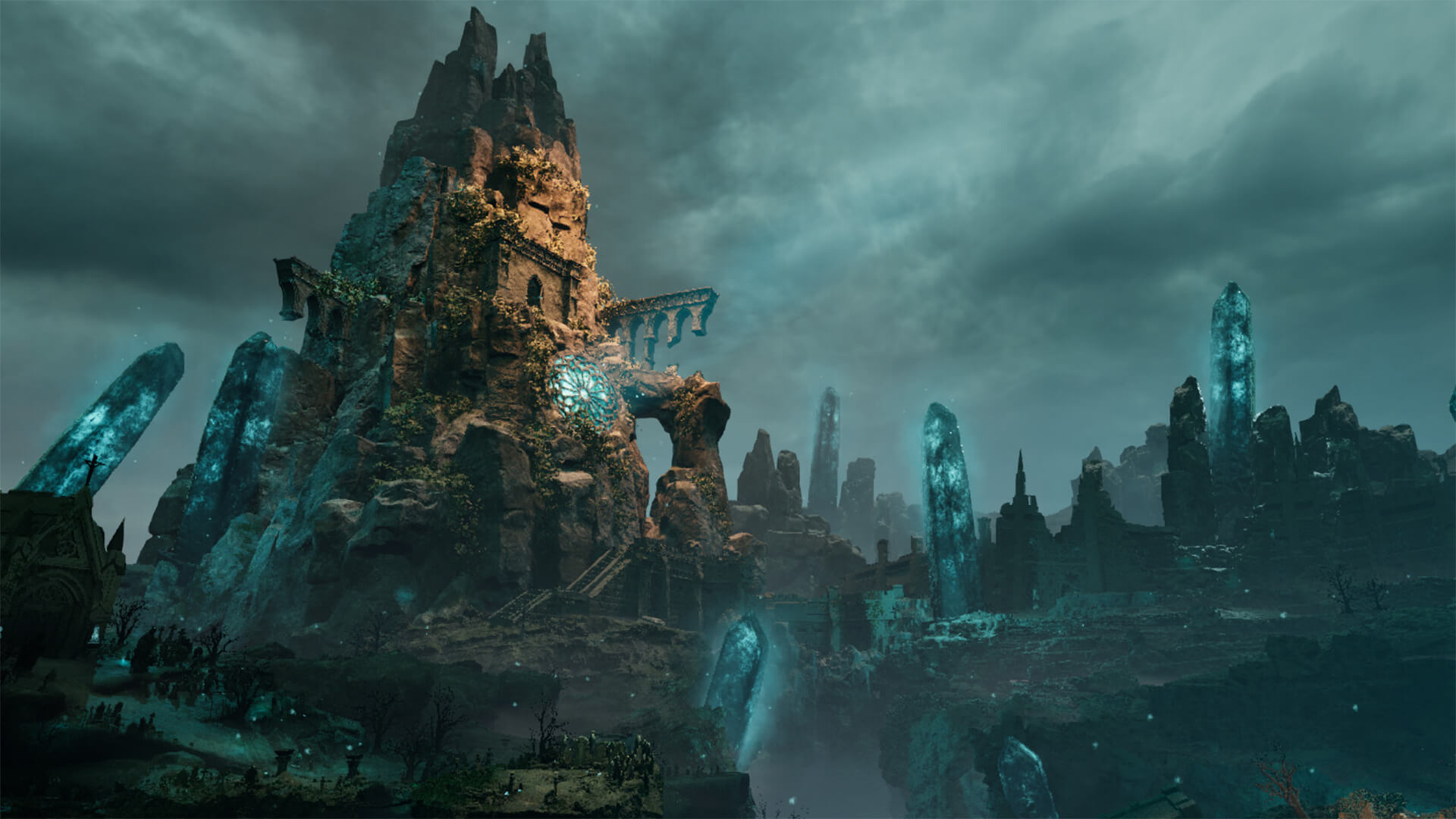 Rocky ruins with glowing blue lighting and a grey cloudy sky