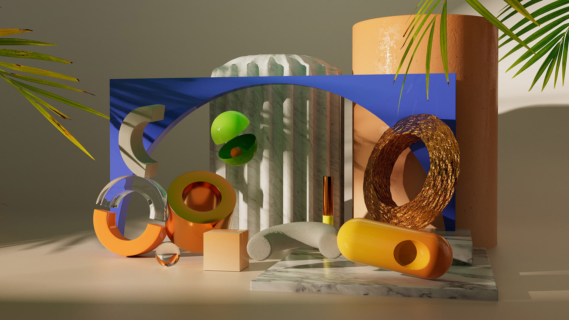 3d colourful abstract shapes surrounded by palm leaves