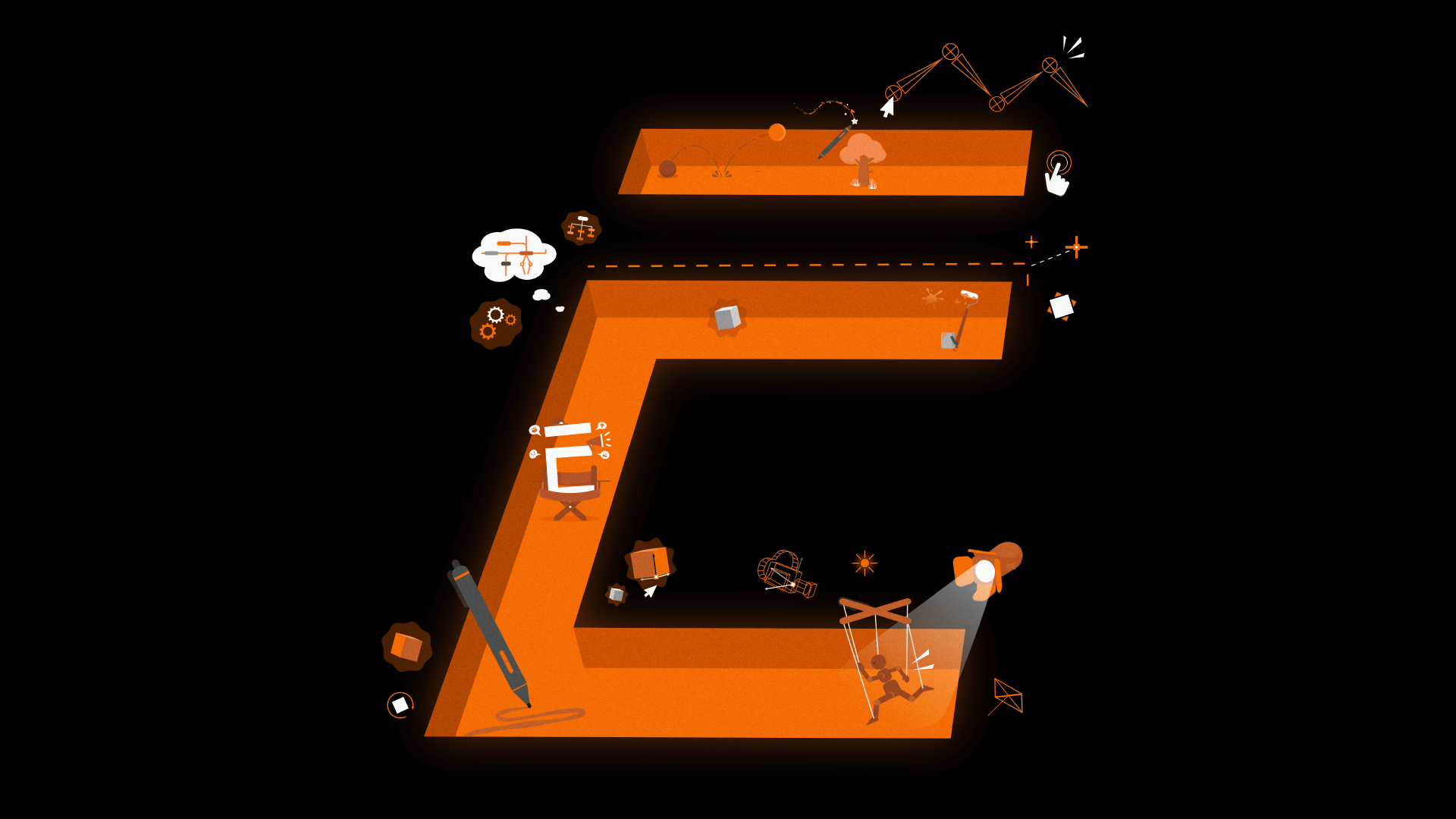 The Escape E on a black background with industry related iconography scattered around the logo