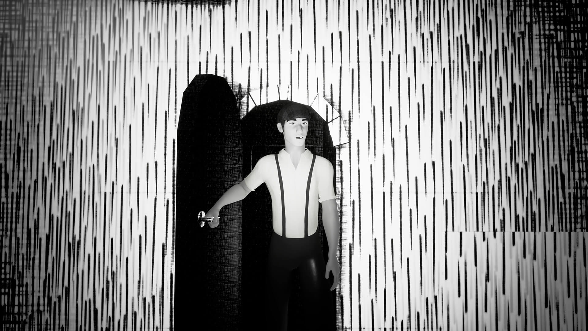 Black and white character walking through a door