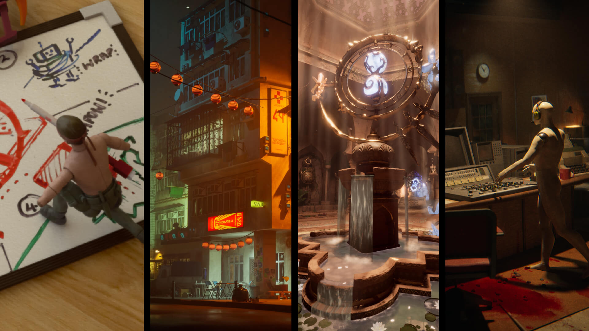 Montage of four student work stills across animation, game art, design and development and creative computing