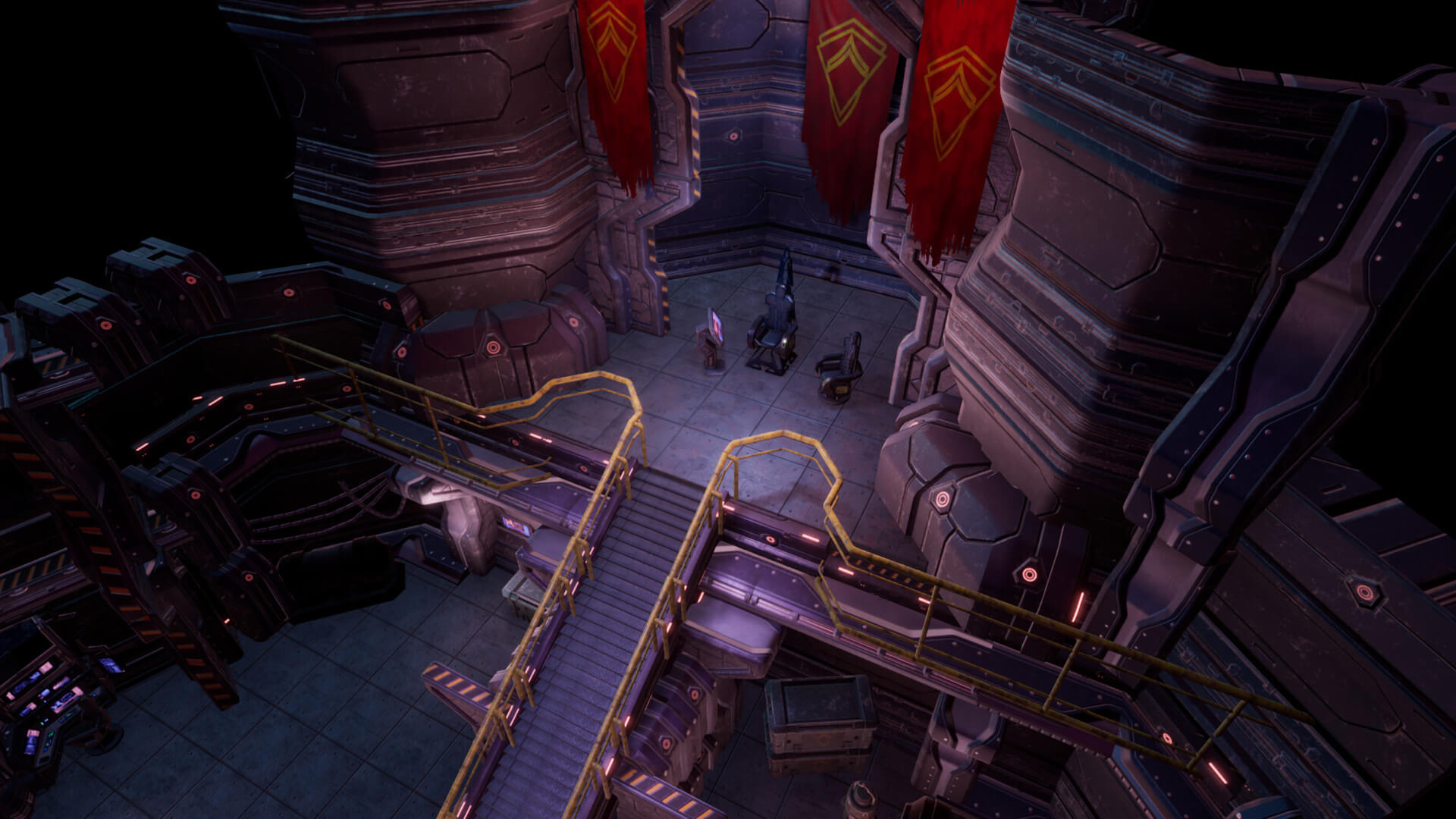 A throne at the top of large metal stairs