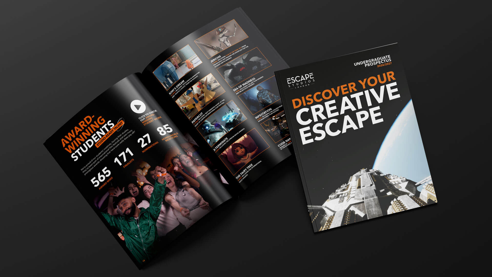 Two prospectuses, one open and one showing the cover