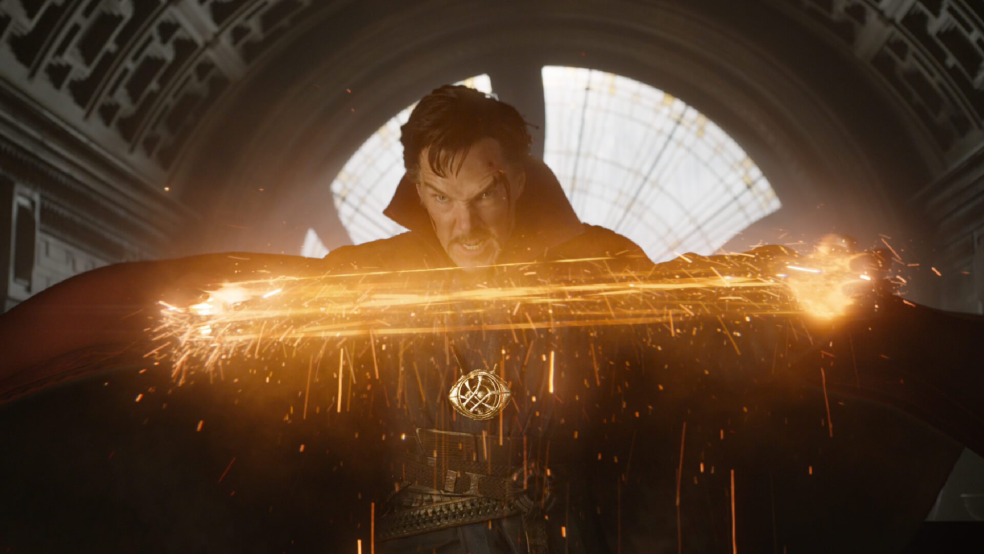 Doctor Strange character with a magical golden glow between his hands