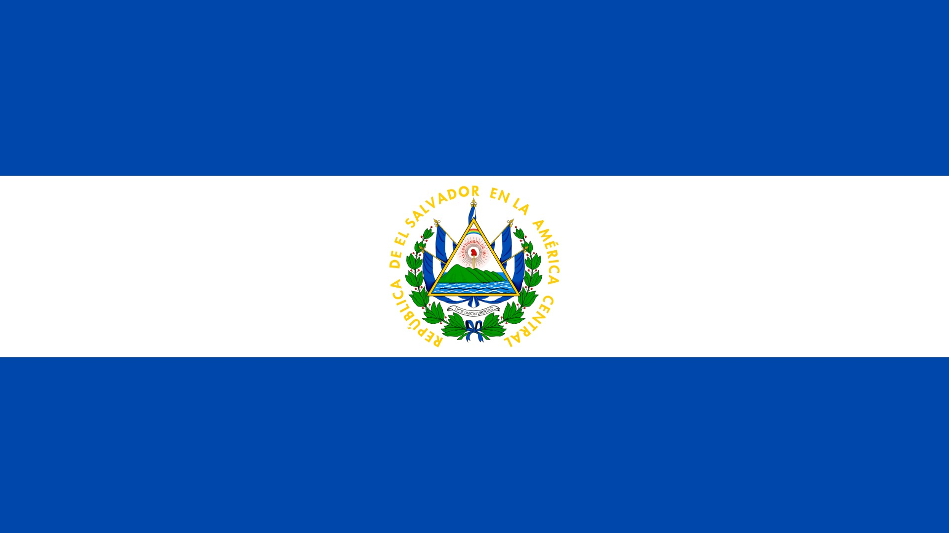 Flag of El Salvador with blue and white horizontal stripes and the national coat of arms centered on the white stripe.