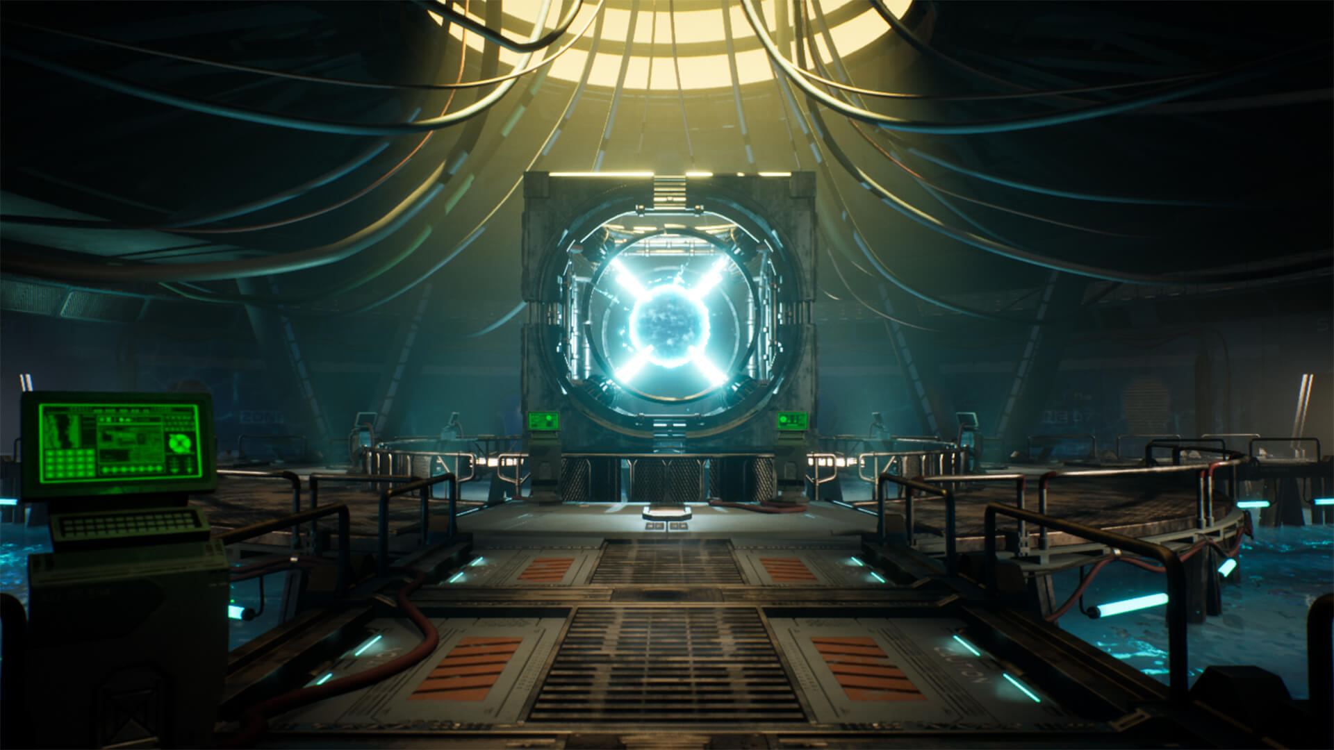 Energy  cube with blue glow in an industrial room with metal floors, barriers and digital screens