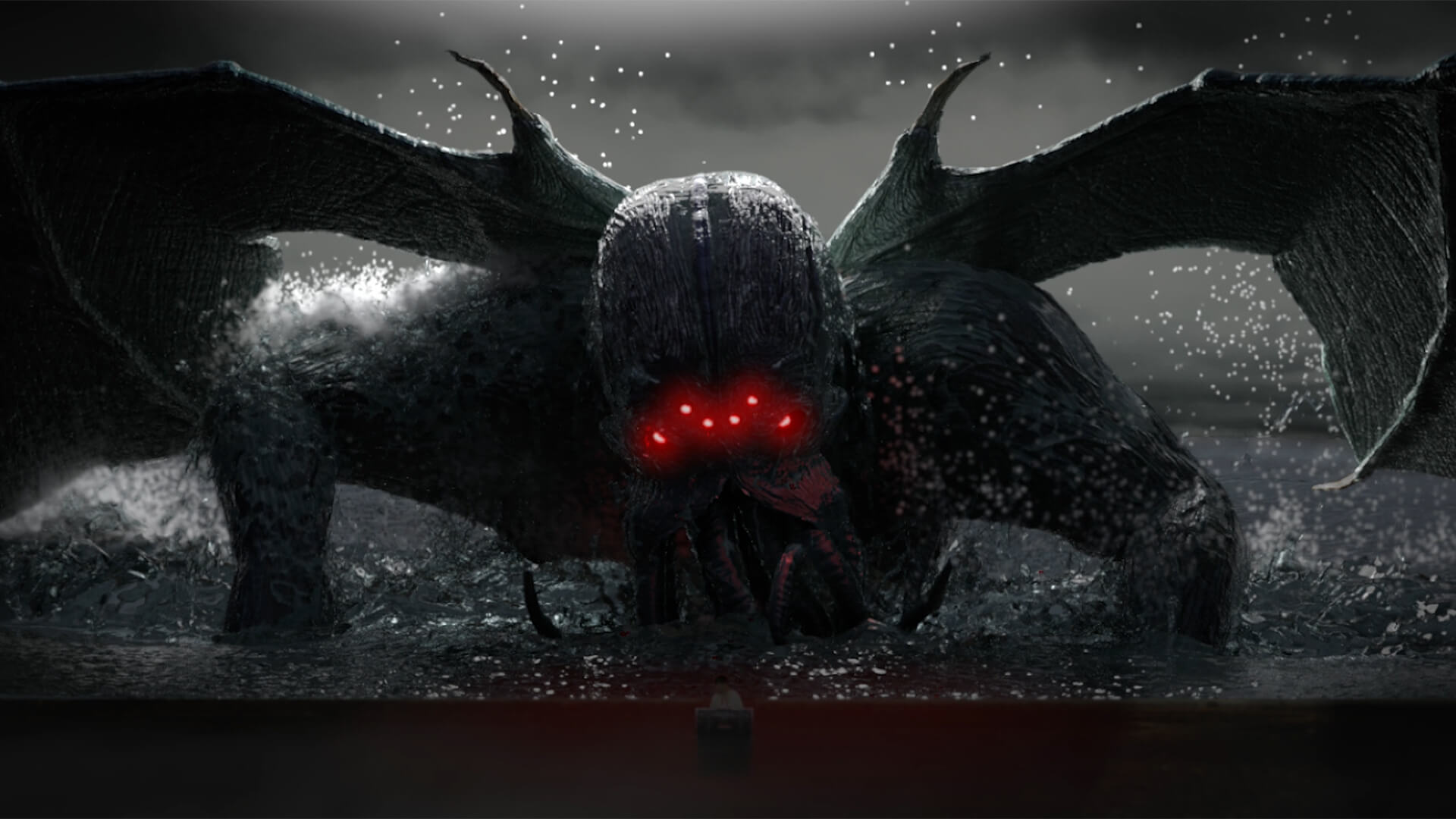 Dragon style monster climbing out of sea water