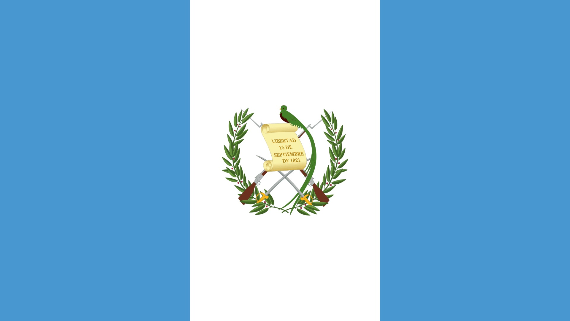 Flag of Guatemala with blue and white stripes, featuring a quetzal bird, scroll, rifles, and laurel branches in the center.